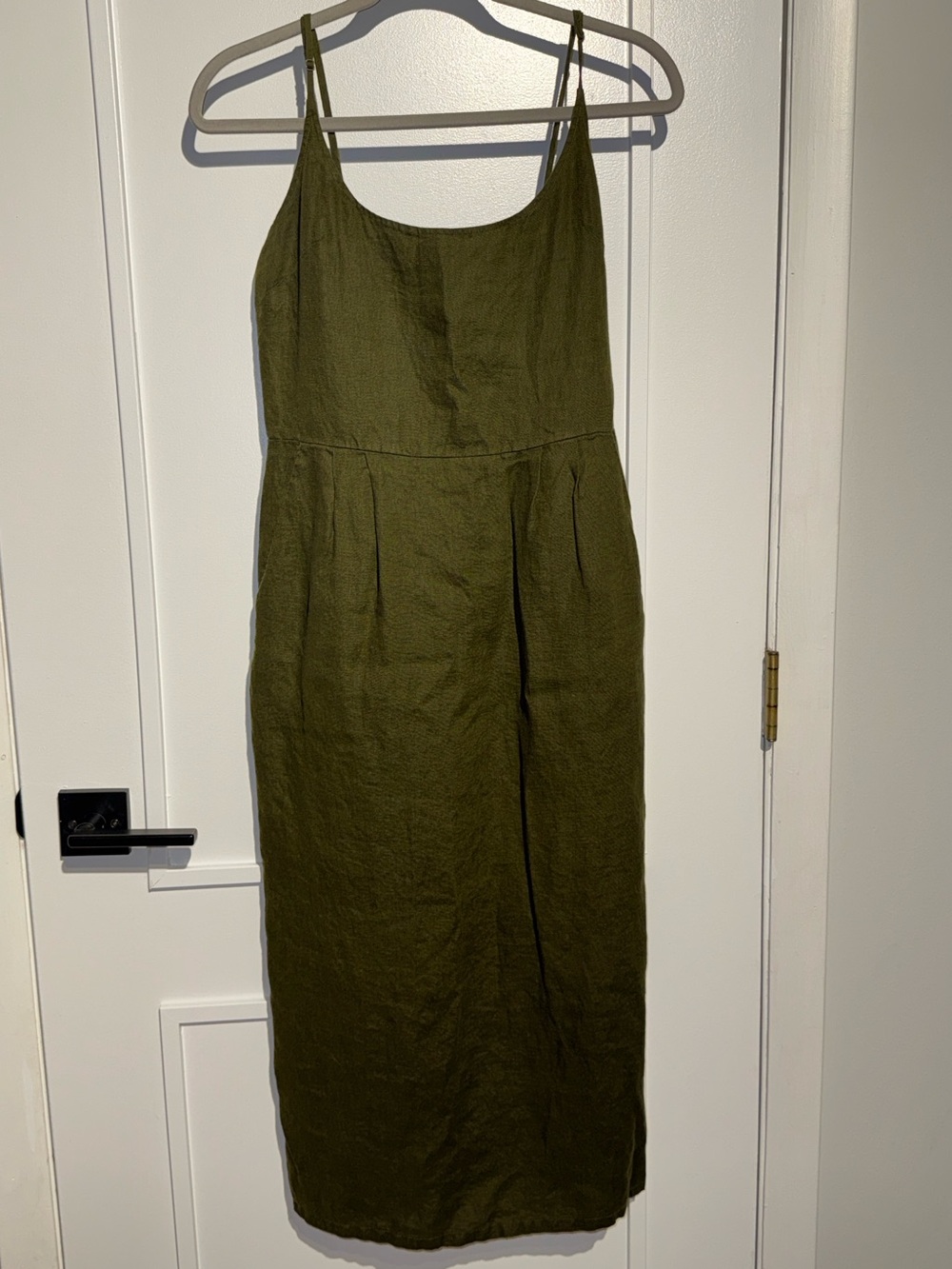 Quince Olive Linen Midi Dress with Spaghetti Straps